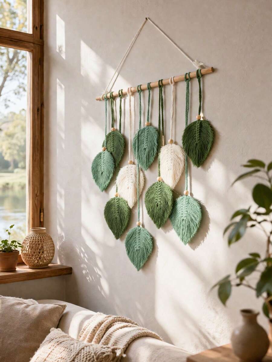 1pc Green Leaf Woven Wall Hanging, Bohemian Rustic Style Wall Decor, Handmade Woven Art Decoration, Scandinavian Minimalist Home Decor, Suitable For Living Room, Bedroom, Entryway, Dorm, Apartment, Farmhouse Hanging Ornament, Gift - Multicolor - View 1