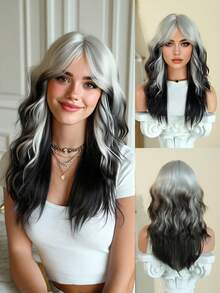 7JHH WIGS 中长渐变银黑色波浪假发，20英寸蓬松卷曲刘海，高密度全机织耐热纤维合成假发，适合角色扮演、万圣节、嘉年华、音乐节等派对佩戴。 - 黑與白 - 查看 3