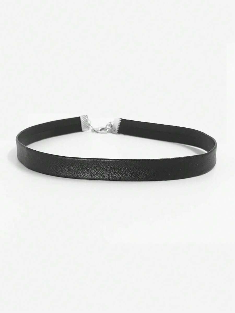 1pc Women's Black Punk Gothic Personalized PU Leather Short Choker Necklace, Punk Collar Necklace - Black Leather - View 1