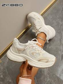 Women's Breathable Mesh Thick-Sole Chunky Sneakers, Comfortable Casual Sports Shoes For All Seasons - Champagne - View 3