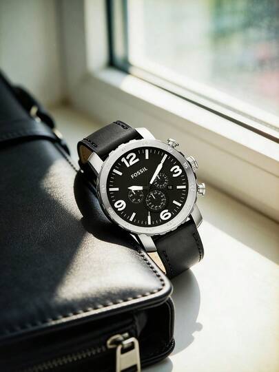 Fossil Nate系列黑色表盘银色大表盘男士腕表，商务休闲配饰，品牌礼品，适合送给男友/父亲，真皮表带计时石英男士腕表，配原装表盒，JR1436