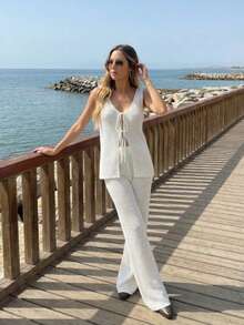 Bộ đồ dệt kim buộc dây màu trắng: Áo khoác không tay + Quần ống rộng. Bộ 2 món này rất lý tưởng cho kỳ nghỉ. - trắng - Xem 8