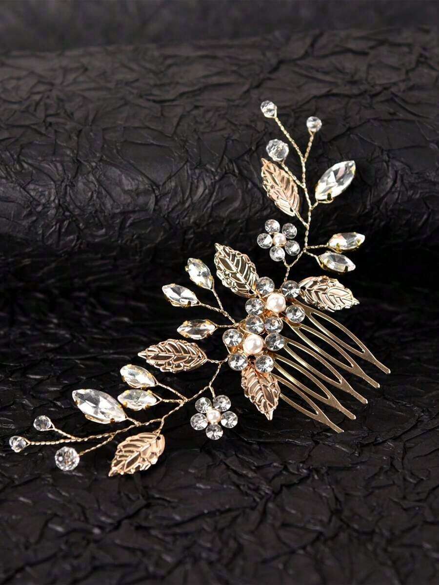 1pc Women's Handmade Golden Leaf & Crystal Side Comb Hair Accessory For Bride Wedding Party Elegant, School Stuff, College, Hair Accessories, Head Accessories, Bridal Hair Accessory, Bridesmaid - 金子 - 查看 1