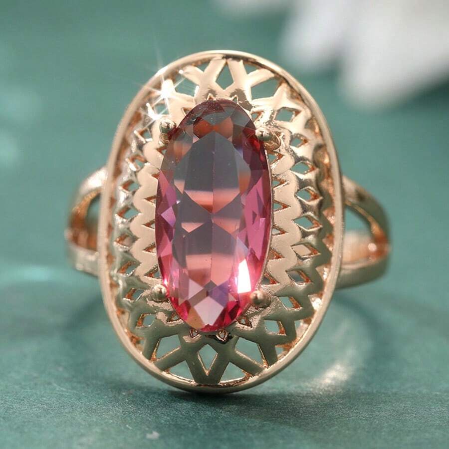 Rose Classic Oval Synthetic Red Gemstone Ring, Hollow Crafted Luxury Wedding Jewelry Gift For Women - Rose Gold - View 1