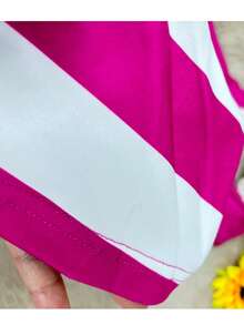 Đầm T-shirt cổ tròn kẻ sọc dành cho nữ, chất liệu polyester nhẹ và thoải mái, tay ngắn, phối màu tương phản, dáng rộng phần ngực (khuyến nghị chọn size nhỏ hơn), kiểu dáng thanh lịch thường ngày, phù hợp cho mùa xuân/hè, đi chơi, du lịch. - Màu Hồng Tươi - Xem 8