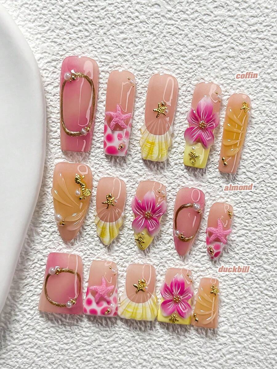 10Pcs Sweet Ocean Style Handmade Nail Art Set,Polygel Nail Set,Seahorses, Starfish Nail Art Accessories,Fresh French Style,Includes Nail Tools,3 Sizes Available,Almond Nails , Duck Nails,Coffin Nails For Party, Dance, Daily Wear. - 彩色 - 查看 1
