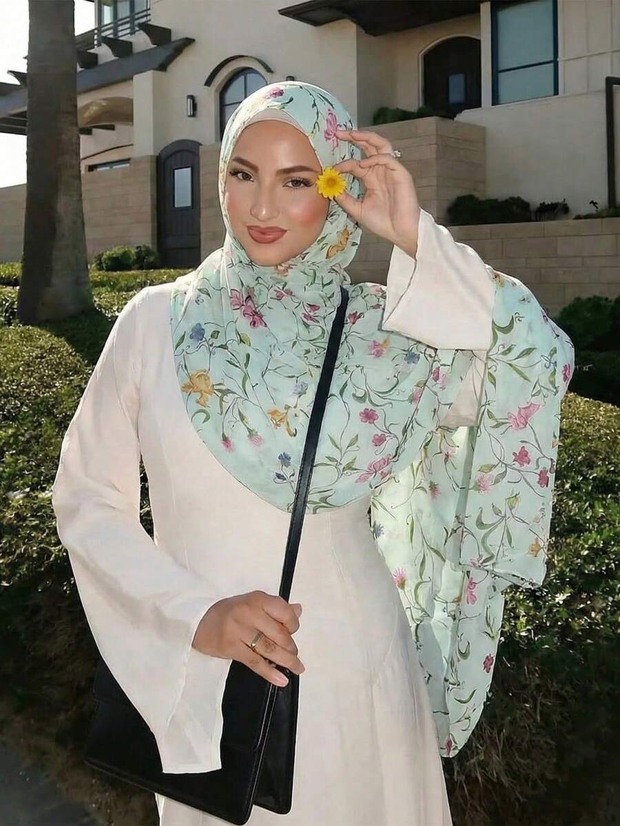 1 pieza Bufanda de mujer con estampados bohemios de flores, acuarela, mármol, ondas y teñido anudado, adecuada para uso diario, playa y vacaciones