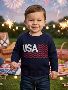 Baby Girl Boy 4th Of July Outfit Kids Sweater, Long Sleeve Crew Neck Letters Warm Winter Sweater Clothing For Girls Boys - 藍色 - 查看 3