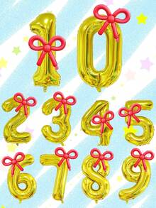 2pcs 40-Inch Gold Foil Number Balloons & 22-Inch Candy Red Hollow Bow Balloons, Suitable For Birthday Party, Anniversary, Bow Theme Decoration - Golden Numbers Set - View 2