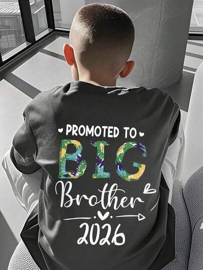 Tween Boy "PROMOTED TO BIG Brother-2026" Funny Slogan Print T-Shirt, Soft And Comfortable Fabric, Suitable For Boys Outdoor Sports, Daily Wear, Street And Campus Fashion, Spring/Summer Casual Versatile Top