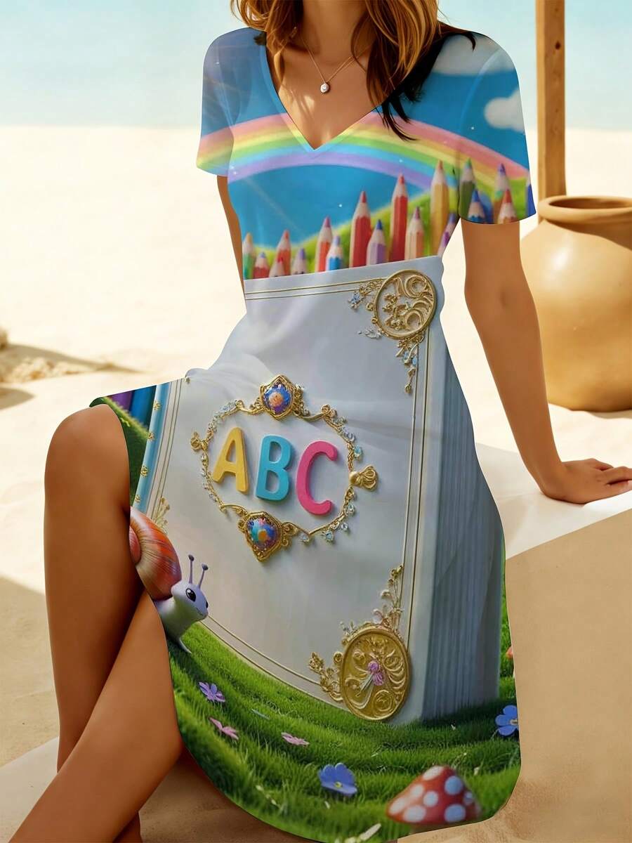 V Neck Dress Light Blue Rainbow Pencils Abc Book Garden Snail Mushroom Print Beach Vacation WearSuitable For Leisure And Sports Scenarios - Blush Crush - 查看 1