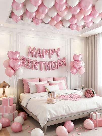 18-70件套女士粉色生日装饰套装 - 专为女士生日庆祝活动设计，包含生日快乐横幅和心形铝箔气球 | 马卡龙粉、白色和珍珠粉加厚乳胶气球 | 非常适合女士公主主题生日派对装饰、蝴蝶结主题生日派对用品、背景墙装饰、周年纪念、酒店午夜惊喜、网红拍照道具、节日礼物、派对用品，是派对装饰的必备品。