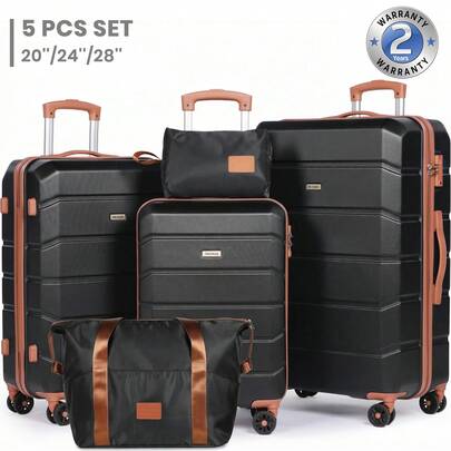 Luggage Sets Of 5 Piece, Lightweight Trolley Travel Suitcase Set ABS Hard Shell With 4 Spinner Wheels TSA Lock For Man Women, 21" + 24" + 28"+ Duffels Bag & Toiletry Bag-Black