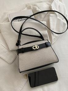 1pc Black Metal Hardware Decor PU Square Handbag, Women's Spring New Shoulder/Crossbody Bag - Black - View 4