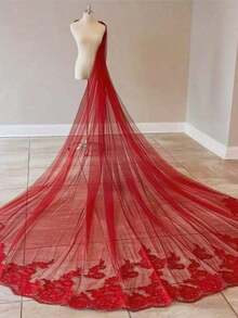 European Style Black Lace Long Train Bridal Shawl Valentine's Day Accessories - Red - View 4