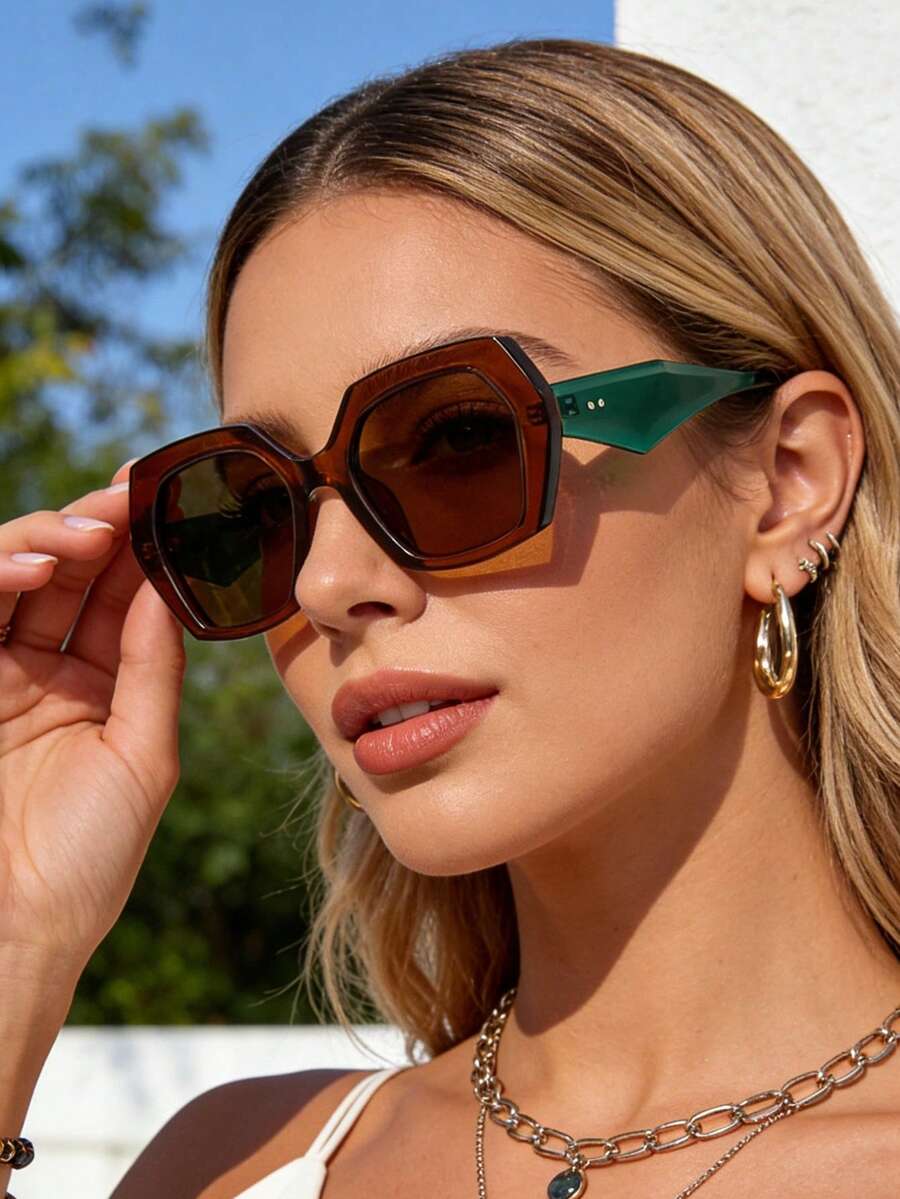 1 Pair New Women's Large Frame Plastic Fashion Glasses, Suitable For Daily Wear, Summer Beach Vacation, Outdoor Activities, Travel, Leopard Print Tortoiseshell Bohemian Style Extra-Large Square Frame, Suitable For Vacation, Beach, Travel - Green - View 1