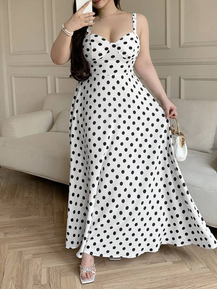 abyoxi Vestido de mujer de talla grande con estampado de lunares negros y blancos, de tirantes finos y cintura alta con vuelo, elegante y vintage, adecuado para citas, graduaciones, San Valentín, vacaciones, salidas, playa, primavera/verano - Blanco y Negro - Añade 3