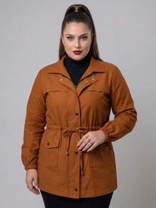 Plus Size Bengaline Jacket, Plus Size Winter Overcoat, Drawstring Cuffs, Fitted Waist, Parka Style - 駝色 - 查看 5