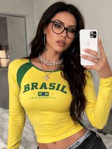 Brazil Women's Streetwear Shirt/T-Shirt – Long Sleeve, Brazil South America Front Print, Loose Fit, Urban Casual, Sporty Style - 黃色 - 查看 5