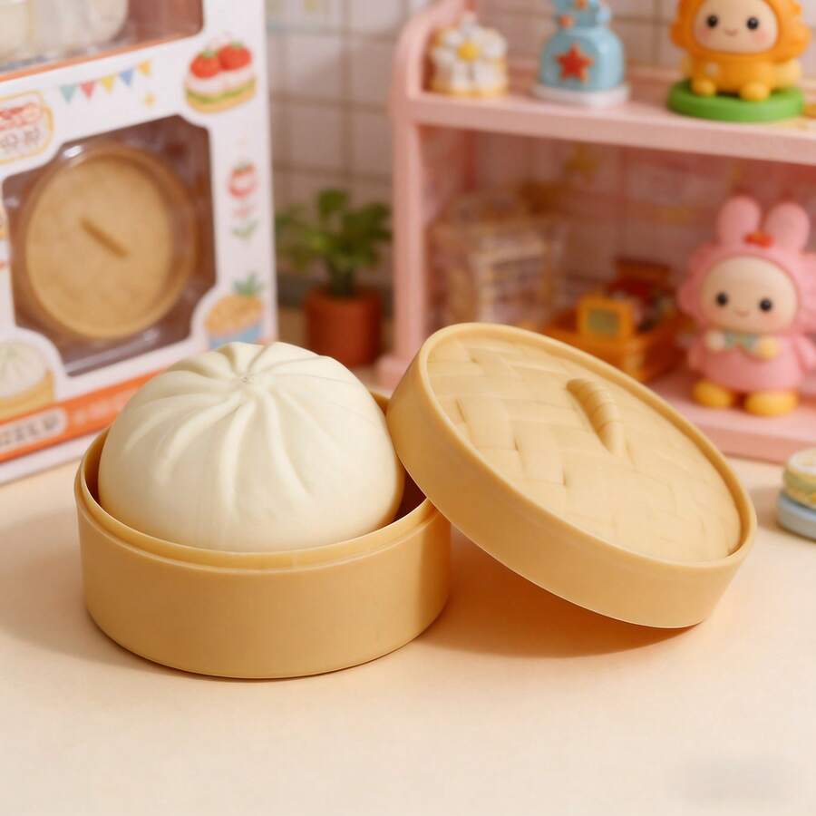 1个逼真蒸包玩具，创意仿真食物减压挤压球带蒸笼套装，成人减压挤压玩具