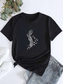 Women's Feather Print Loose Fit Round Neck Short Sleeve Casual T-Shirt For Spring Summer - 黑色 - 查看 2