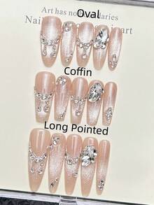 10 móng tay giả thủ công hình oval dài nhọn, móng acrylic dán siêu dài, móng hồng nhẹ nhàng, kiểu mắt mèo nổi bật, đính đá lớn hình chuỗi kim cương, kiểu móng mùa xuân thanh lịch đơn giản, móng dán mùa hè, thích hợp cho tiệc tùng, hẹn hò, đi biển, nghỉ dưỡng nhiệt đới, tự làm móng nghệ thuật, thích hợp làm quà tặng cho phụ nữ và bé gái. - Hồng - Xem 12