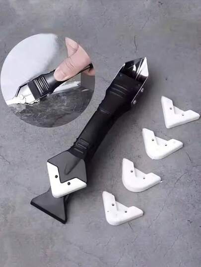 Bộ dụng cụ 5 trong 1 gồm xẻng đầu kim loại và keo: Bay silicon, dụng cụ tẩy keo, dụng cụ loại bỏ vữa, dụng cụ hoàn thiện chất trám và dụng cụ cạo góc.