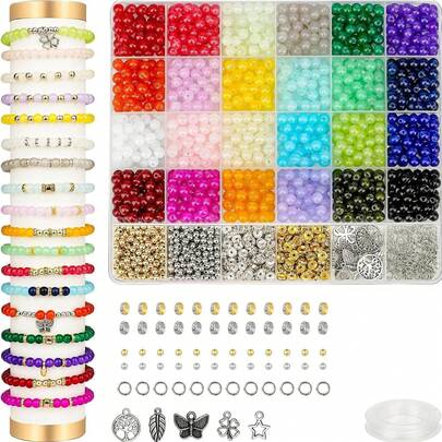 24 pièces Kit de fabrication de bijoux avec perles en verre de 8 mm, 24 couleurs de perles en cristal rondes pour bracelets, fournitures artisanales DIY avec perles entretoise