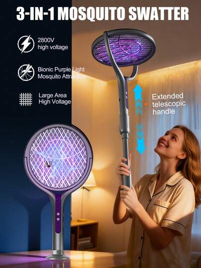 ENSSU 电动灭蝇拍，旋转拍头，带紫色灭蚊灯，1200mAh可充电电池，续航更持久，可伸缩手柄，室内家用办公后院露台露营适用