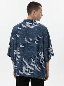 中国风复古仙鹤印花罩衫，汉服风格日式羽织，百搭夏季七分袖开襟和服轻薄雪纺罩衫 - 藏蓝色 - 查看 5