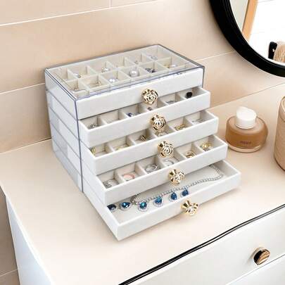 5-Tier 3-Tier Velvet Earring Ring Necklace Jewelry Storage Box With Transparent Dustproof Drawers, New Chinese Style