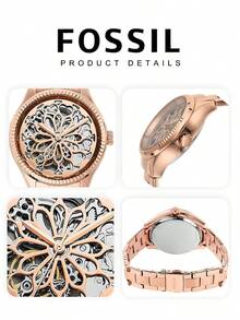 Fossil Hết hàng. Đồng hồ nữ Rye Automatic Mechanical bằng thép không gỉ, mặt số rỗng, màu bạc, dây đeo bằng thép không gỉ, thanh lịch và thời trang, phù hợp để đeo hàng ngày, hẹn hò, lễ hội và làm quà tặng. BQ3753/BQ3754/BQ3755 - Hoa hồng vàng - Xem 6