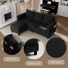 Sofás seccionales convertibles para sala de estar, sofá en forma de L, juego de sofá modular de 3 asientos con tela de poliéster y sofá otomano movible para apartamentos, oficina (gris oscuro) - Negro - Ver 3