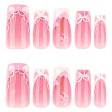 24Pcs Romantic French Style Medium Long Square False Nails Set, White Lace, Bowknot, Pink Heart & Cherry Pattern, Perfect For Vacation & Dating - Baby Pink - View 3