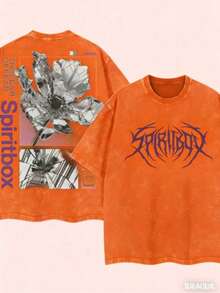 Men's Heavy Retro Street Style T-Shirt With Spiritbox Band Logo Print - Y2K Style Drip Ink Design Music Festival Outfit Loose Breathable Cotton Top - 橘色 - 查看 1