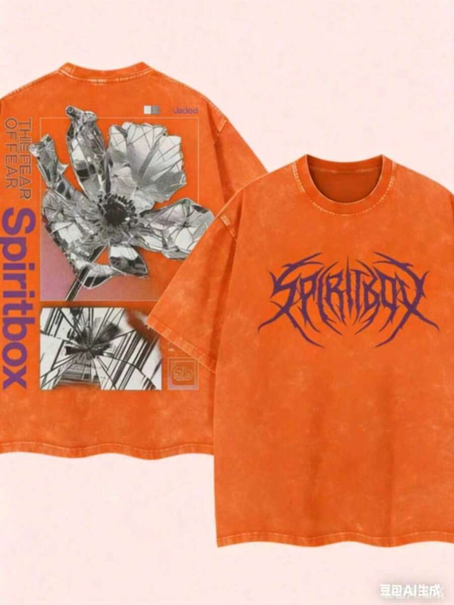Men's Heavy Retro Street Style T-Shirt With Spiritbox Band Logo Print - Y2K Style Drip Ink Design Music Festival Outfit Loose Breathable Cotton Top - 橘色 - 查看 1