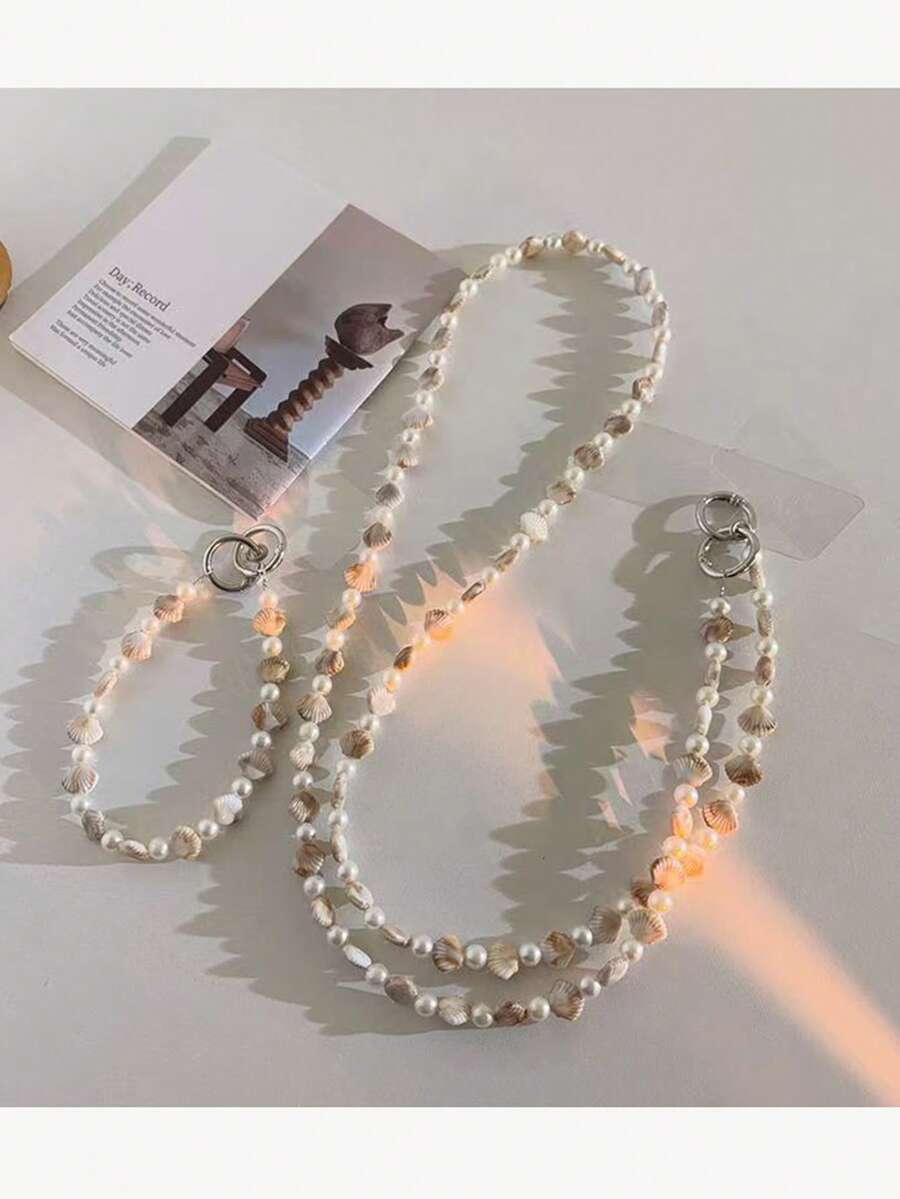 1个创意卡通棕色贝壳珍珠手机壳，带可拆卸腕带，长/短款多功能优雅设计 - 彩色 - 查看 1