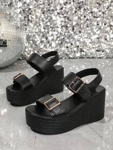Women's Black Single Strap Platform Sandals, Summer Shoes, Must-Have For Shoe Cabinet - Black - View 7