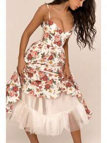 Women's Elegant Double Layered Flowy Dress, Classic Full Skirt A Line Swing Midi Gown, Lightweight Premium Casual Formal Dress, Modest Chic Party Wedding Guest Bridal Shower Evening Daily Outfit S-2XL - 紅花 - 查看 3