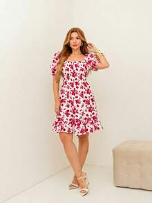 RAINBOW Women's Short Princess Floral Dress With Puff Sleeves And Elasticated Fabric - Elegant Fashion - One Size Fits 36-42 (Brazilian Sizes) - Crepe Fabric - 128-紅色 - 查看 5