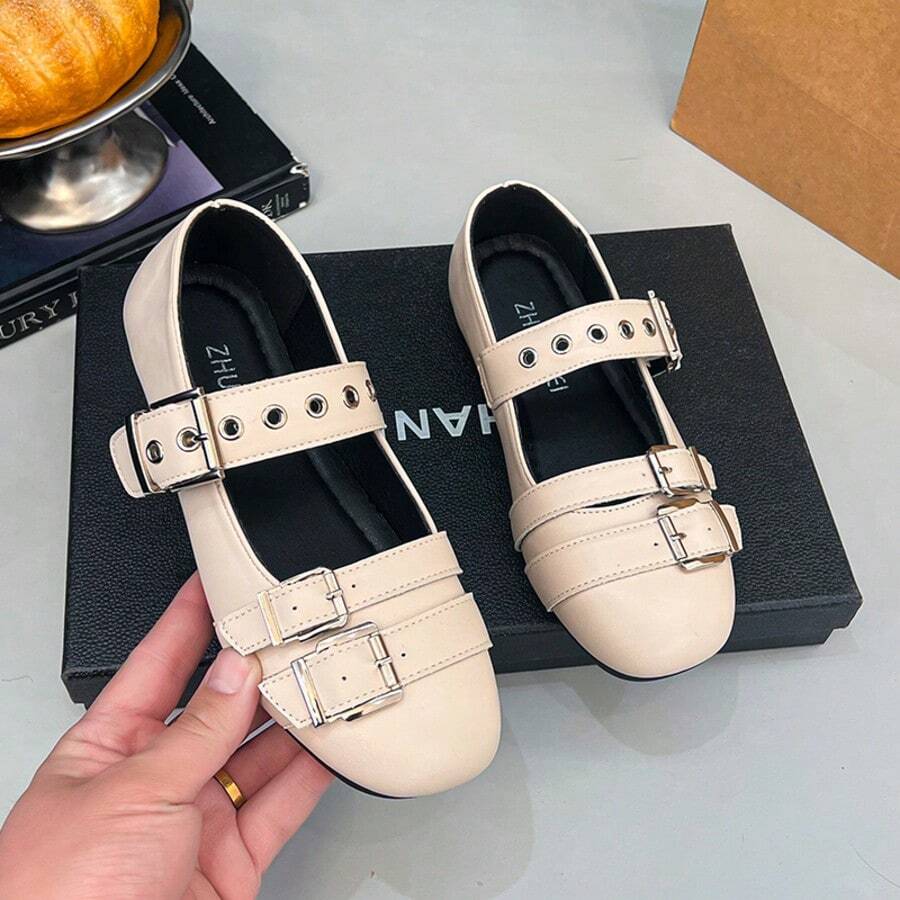 英伦风双扣鞋，圆头玛丽珍鞋，复古校服鞋，四季皆宜 - 米色 - 查看 1