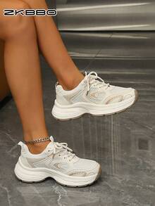Women's Breathable Mesh Thick-Sole Chunky Sneakers, Comfortable Casual Sports Shoes For All Seasons - Champagne - View 4