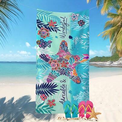 1pc Vibrant Geometric Ocean Pattern With Palm Leaves And Floral Design Beach Towel, Suitable For Beach, Camping, Travel, Modern Bathroom And Outdoor Use, Beach Towel, Camping Gear, Interesting Starfish Pattern