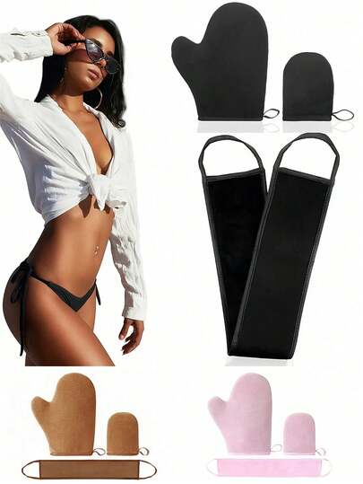2 Stück Selbstbräuner Set - Selbstbräuner Handschuhe, Rückenaplikator, Mini Gesichts-Bräunungshandschuh - Streifenfrei, Weich & Glatt, Wiederverwendbar, Waschbar, Unisex, inklusive Aufbewahrungstasche, Box, Haarklammern