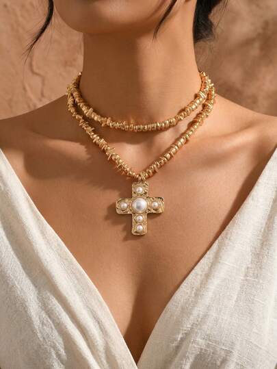 Bộ 2 chiếc vòng cổ hạt CCB kiểu retro không đều với mặt dây chuyền hình thánh giá, trang sức vòng cổ thời trang đa năng dành cho nữ, phù hợp để đeo hàng ngày, đi mua sắm, dự tiệc và tụ họp.