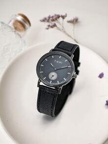 TOMI Women's Minimalist Ultra-Thin Two-Needle Semi-Real Dial Small Seconds Dial Retro Leather Strap Quartz Watch, Suitable For Daily Life And Holiday Gifts - Black - View 8