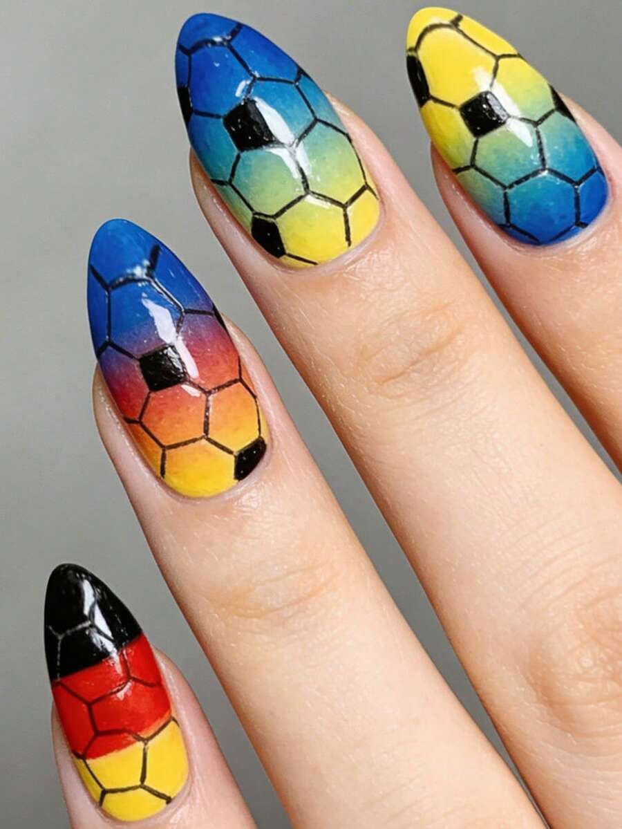 World Cup Football Theme Nail Stickers, Germany Team Ombre Color, Hand-Painted Football Pattern, Detachable False Nails - Multicolor - View 1