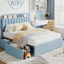 Bed Frame With Storage Headboard, Boucle Upholstered Platform Bed With Bookcase & 2 Drawers, Strong Wooden Slats Support, No Box Spring Needed, Easy Assembly - Blue - View 1