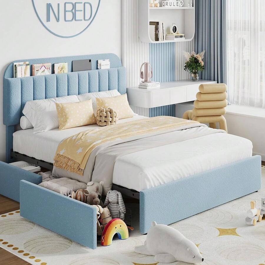 Bed Frame With Storage Headboard, Boucle Upholstered Platform Bed With Bookcase & 2 Drawers, Strong Wooden Slats Support, No Box Spring Needed, Easy Assembly - Blue - View 1