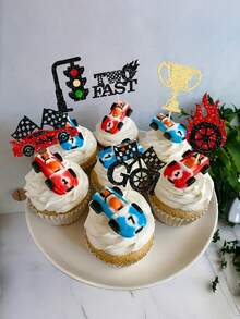 Racing Theme Birthday Party Decorations, Glitter Race Car Shaped Cupcake Toppers, Including Elements Like Race Car, Traffic Light, Steering Wheel, Trophy, Flag, Etc. - Multicolor - View 2